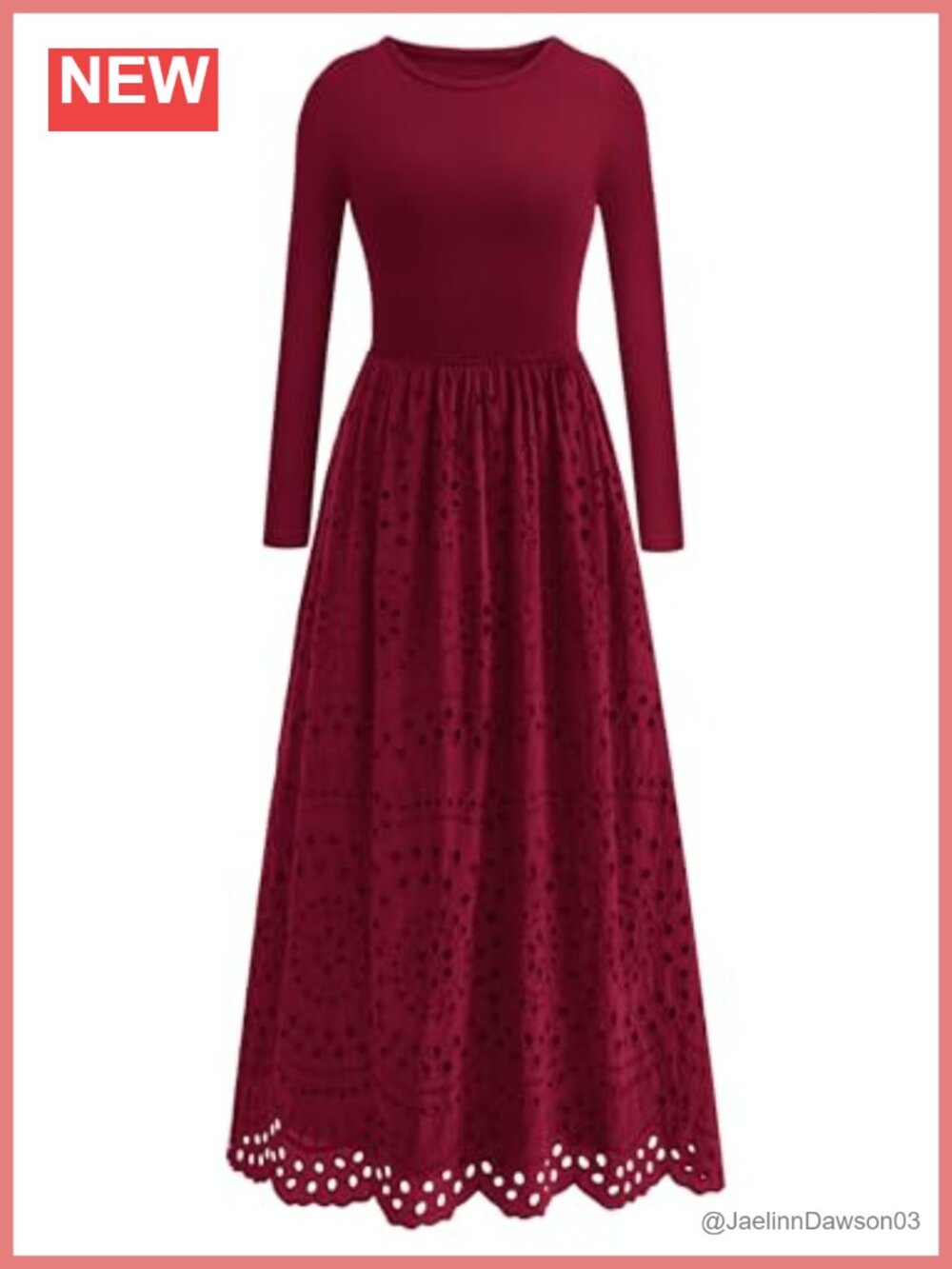 Women's Long Sleeve A-Line Boho Eyelet Cotton Maxi Dress with Pockets